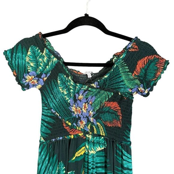 NWT Patrons of Peace Tropical Palm Leaf Print Off Shoulder Surplice Smocked Ruff - Picture 6 of 16